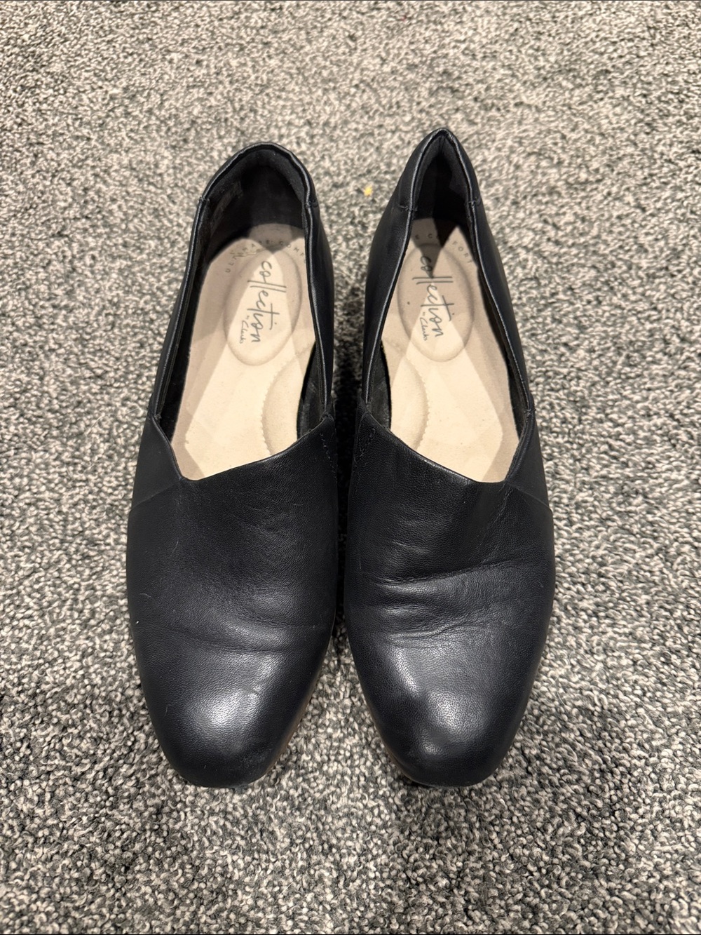 Clarks Black Leather Slip-On Flats with Low V-Cut